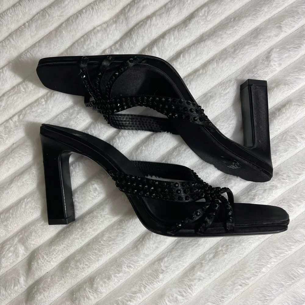 Zara Black Satin Effect Rhinestone Heeled Sandals - Picture 3 of 7